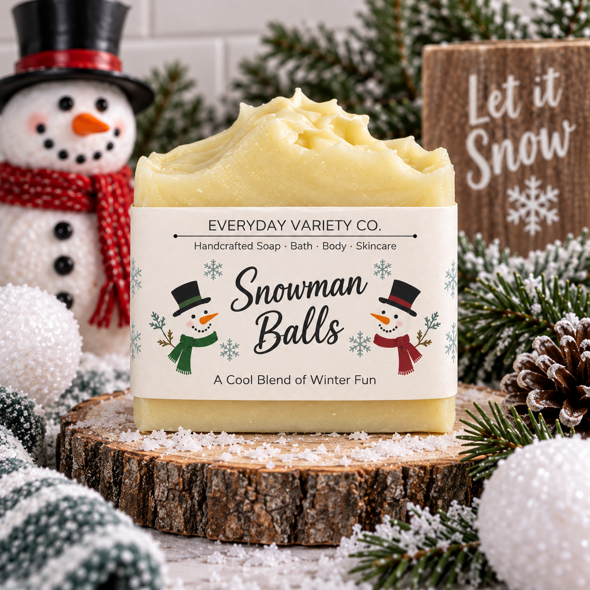 Snowman Balls Soap AI styled image with winter holiday decor and fluffy whipped top bar