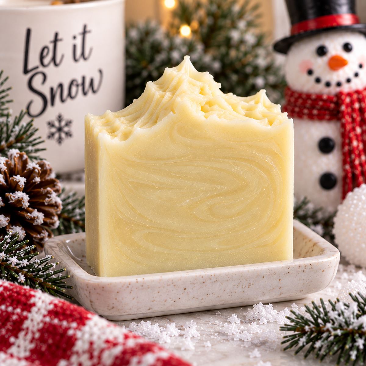 Snowman Balls Soap AI styled image showing creamy yellow bar with snowman label and Let it Snow sign