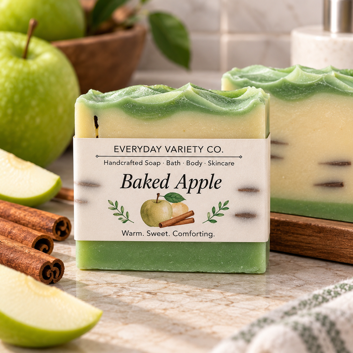 Baked Apple Soap unlabeled showing green and cream layered bar with wavy top on marble soap dish with apples and cinnamon