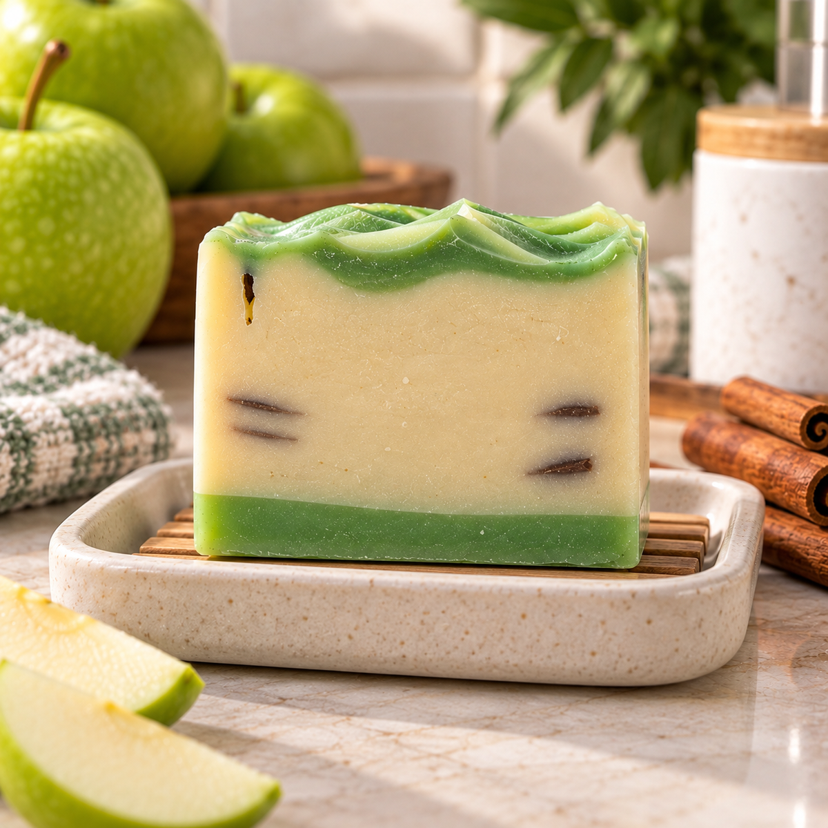 Baked Apple Soap with Everyday Variety Co label showing green and cream bar with fresh apple and cinnamon styling