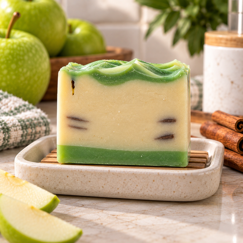 Baked Apple Soap with Everyday Variety Co label showing green and cream bar with fresh apple and cinnamon styling