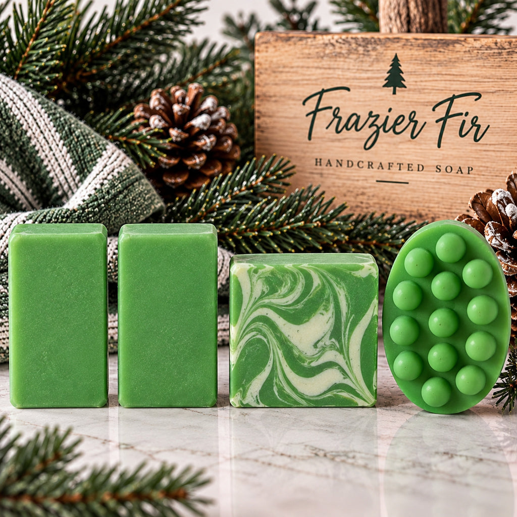 Frazier Fir Soap with EVCo Everyday Variety Co label, green and white swirl, holiday pine styling