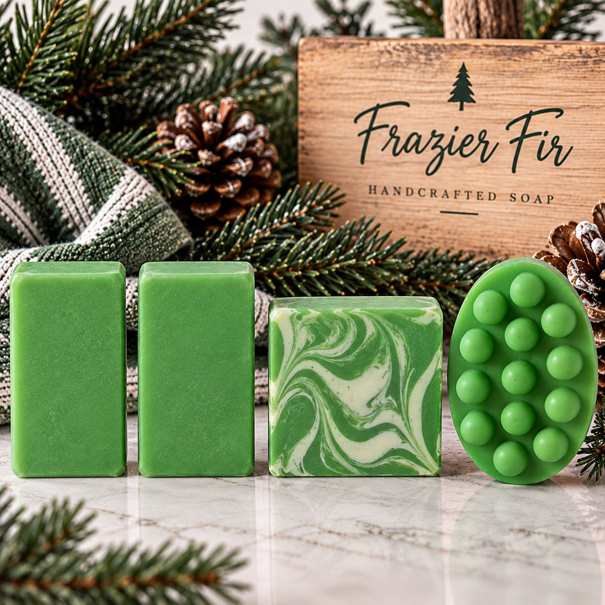 Frazier Fir Soap with EVCo Everyday Variety Co label, green and white swirl, holiday pine styling