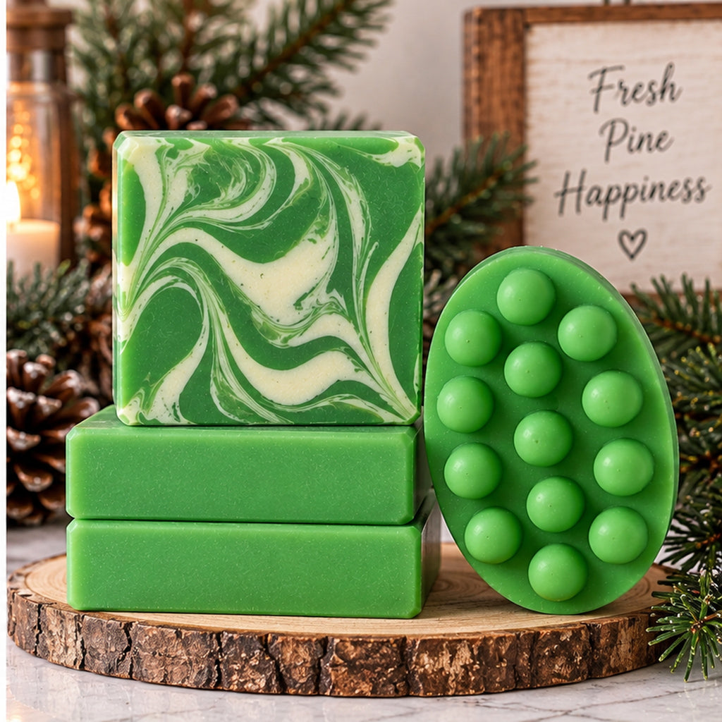 Frazier Fir Soap bars stacked on wood slice with swirled square and massage oval, fresh pine happiness sign