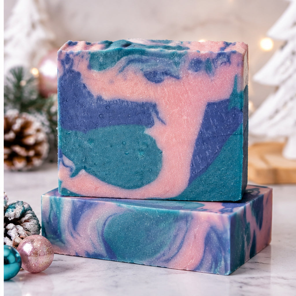 Reindeer Magic Soap bars stacked showing vibrant teal purple and pink swirl pattern