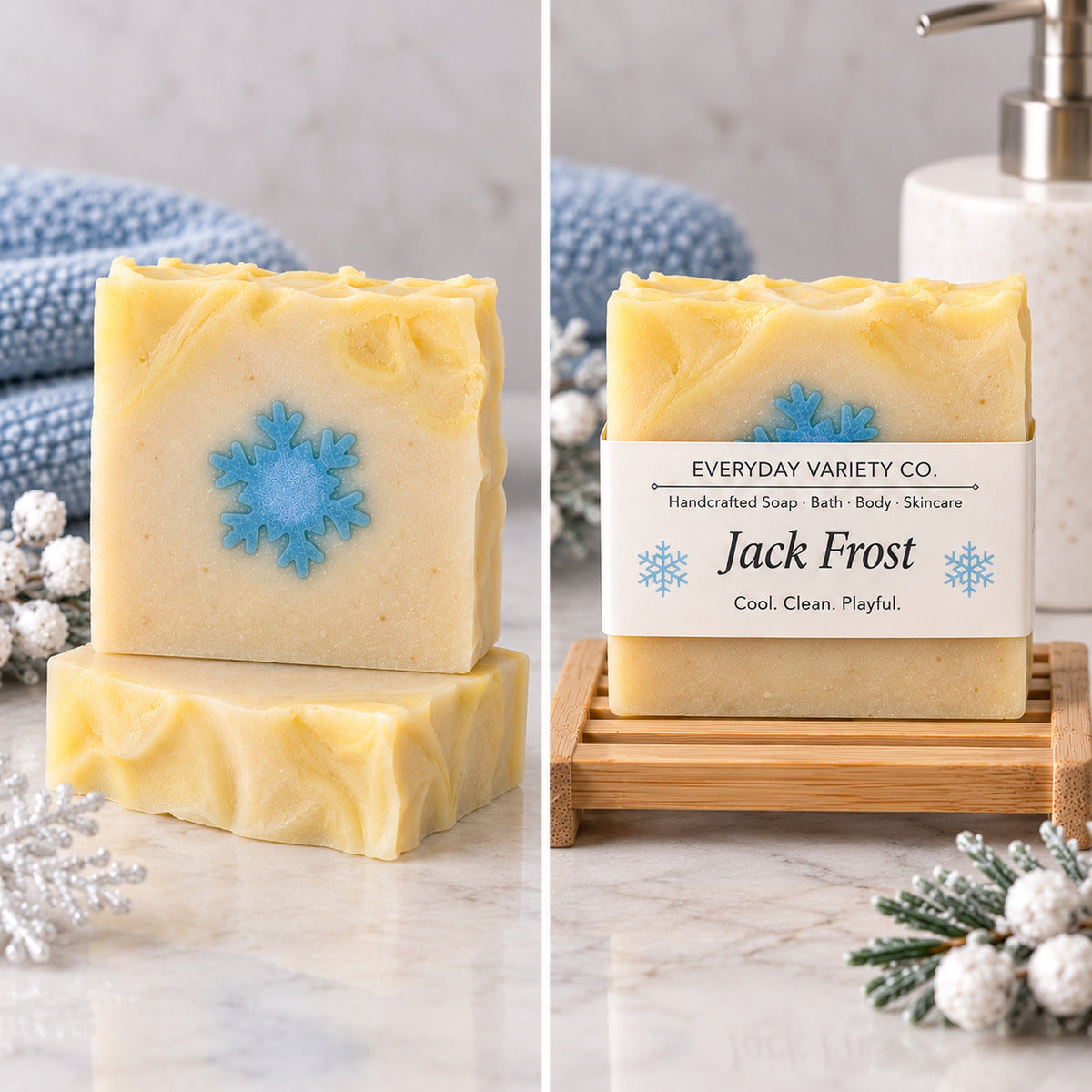 Jack Frost Soap stacked and labeled on wood soap dish with winter styling
