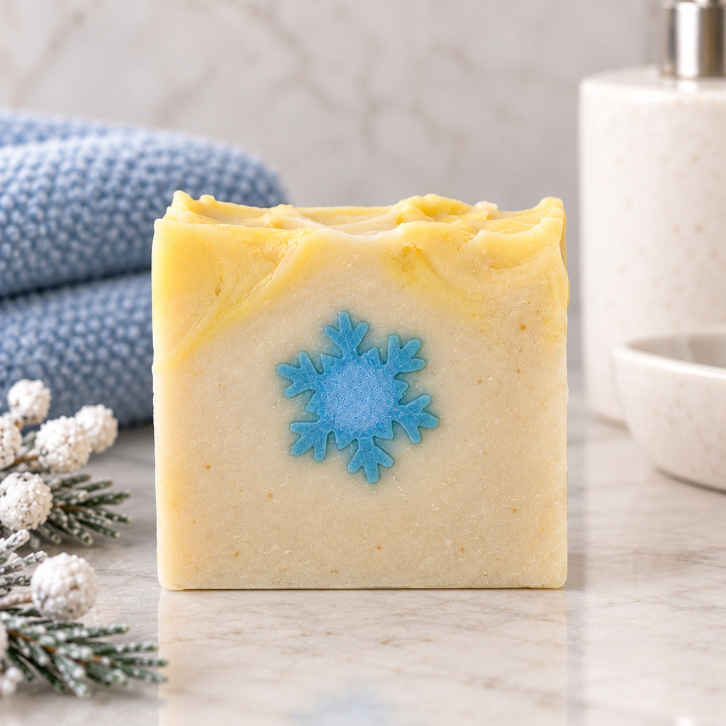 Jack Frost Soap close-up showing blue snowflake embed and handcrafted texture