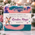 Reindeer Magic Soap with EVCo label, teal purple and pink swirl with holiday styling