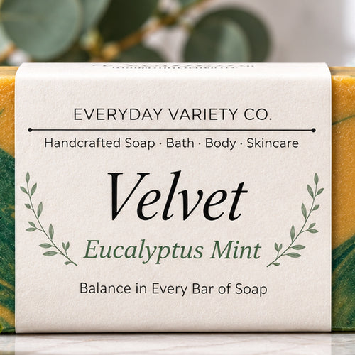 Eucalyptus Mint Soap with Everyday Variety Co label, gold and teal swirl bar with eucalyptus leaves