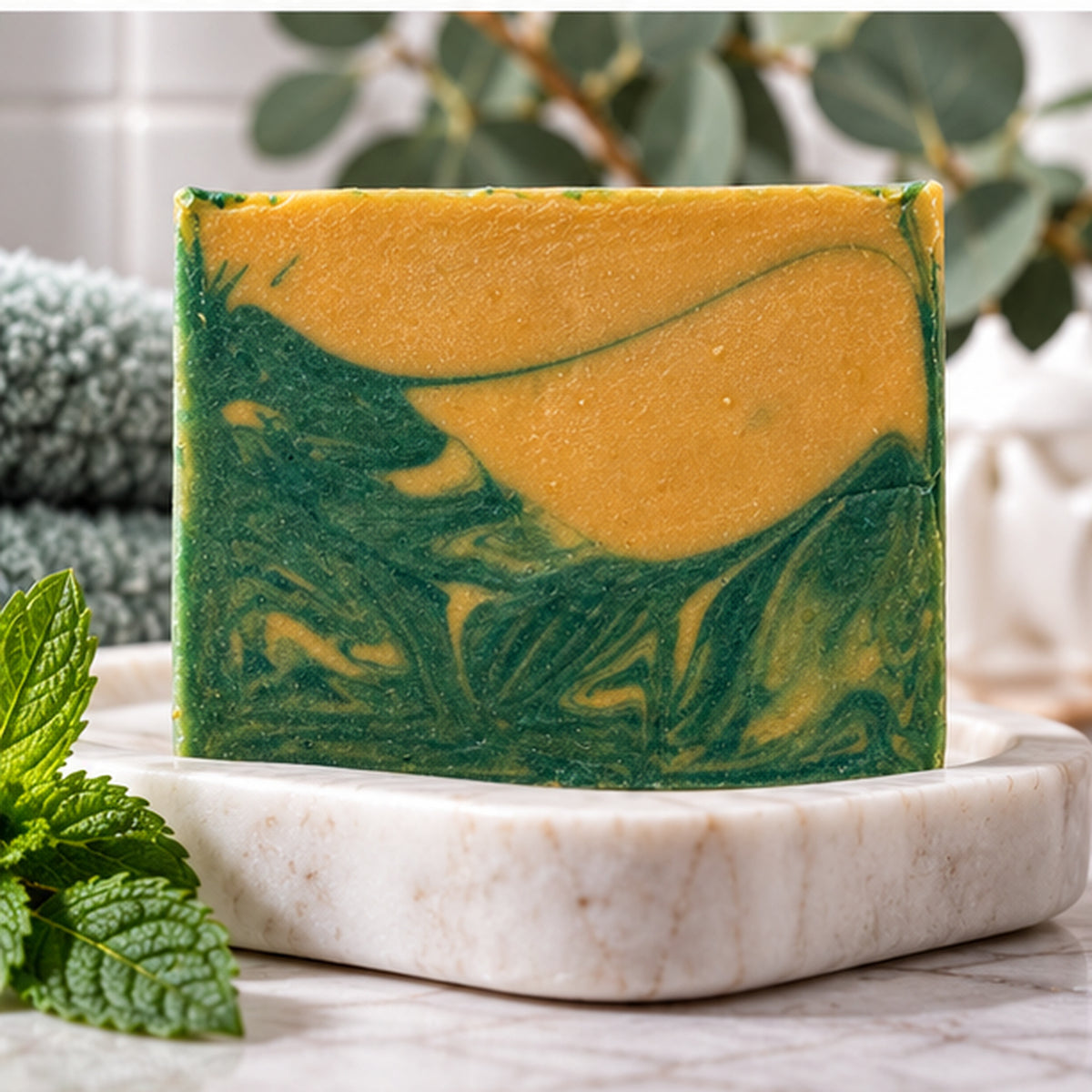 Two Eucalyptus Mint Soap bars showing gold and teal swirl pattern with fresh mint leaves