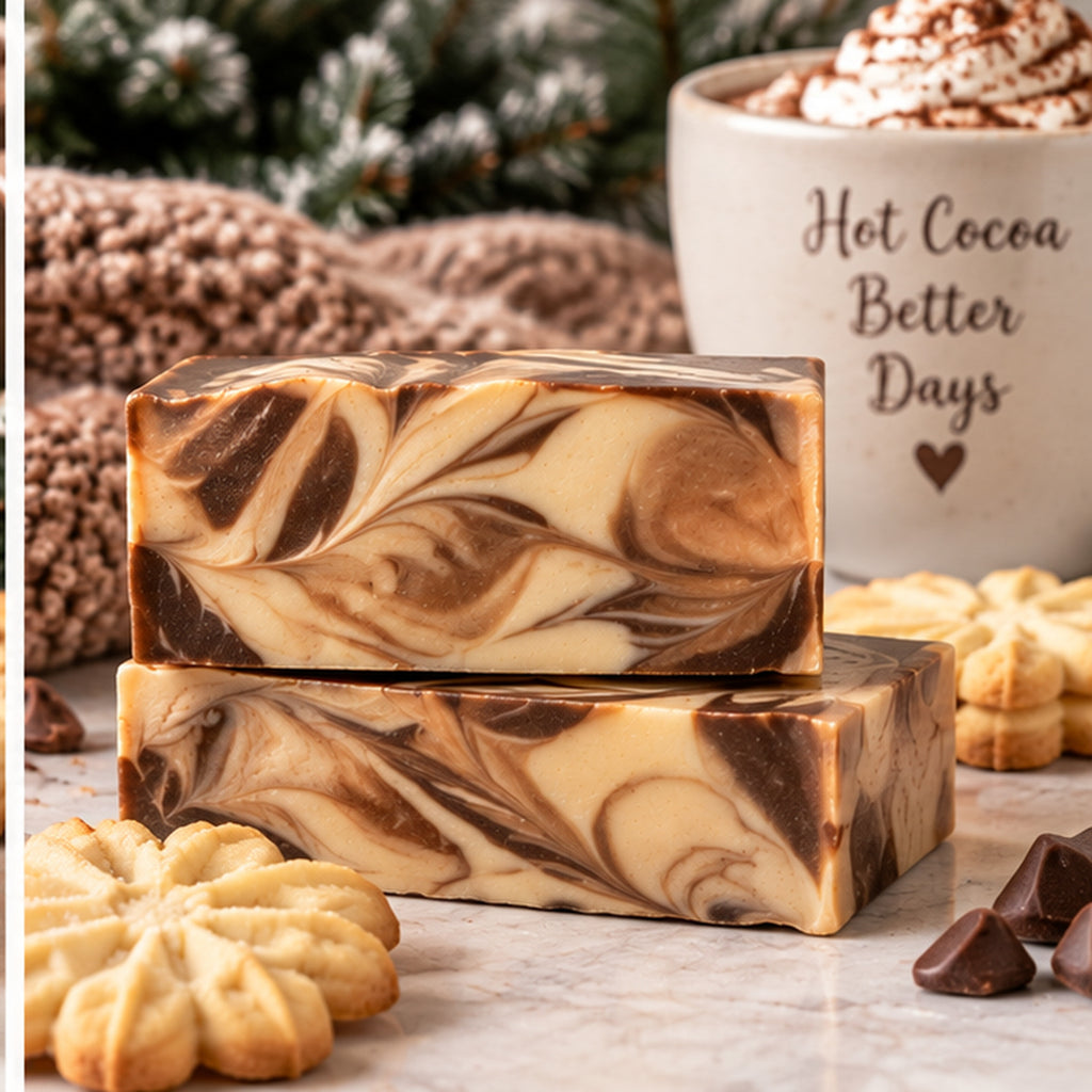 Two Winter Warmth Soap bars stacked, showing chocolate and cream swirl pattern