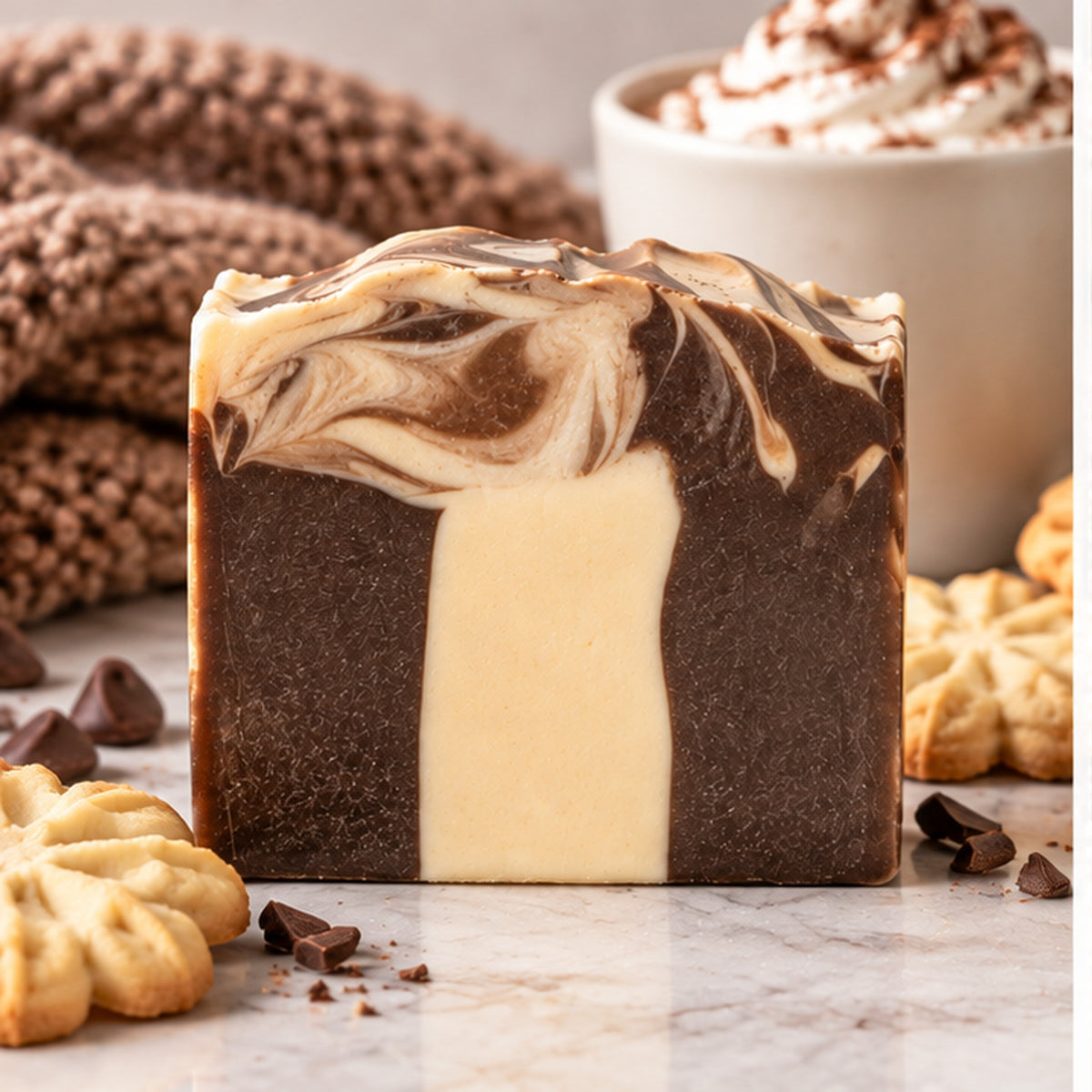 Winter Warmth Soap unlabeled showing rich brown and cream swirl with cocoa and cookie styling