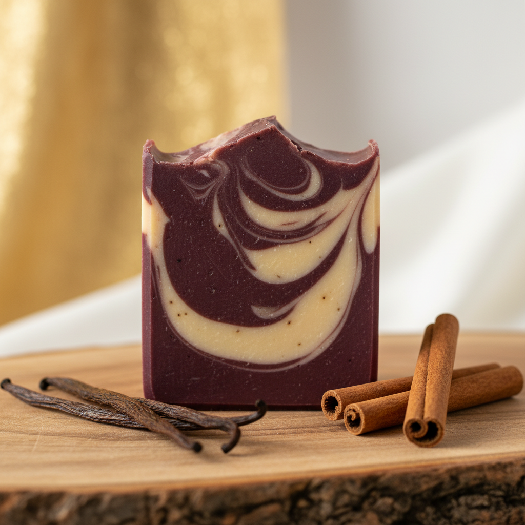 Velvet Soap Christmas Vanilla on rustic wood with vanilla pods and cinnamon sticks