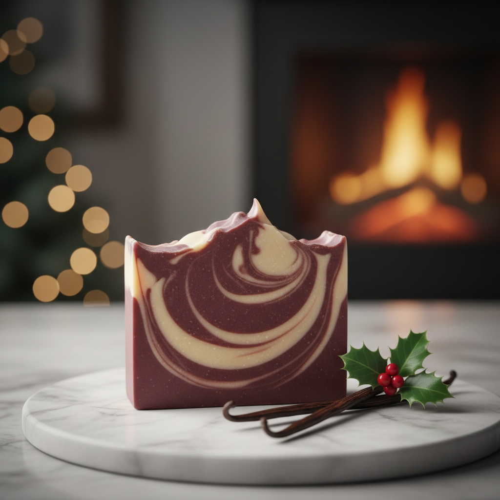 Velvet Soap Christmas Vanilla on white marble with vanilla beans and holly