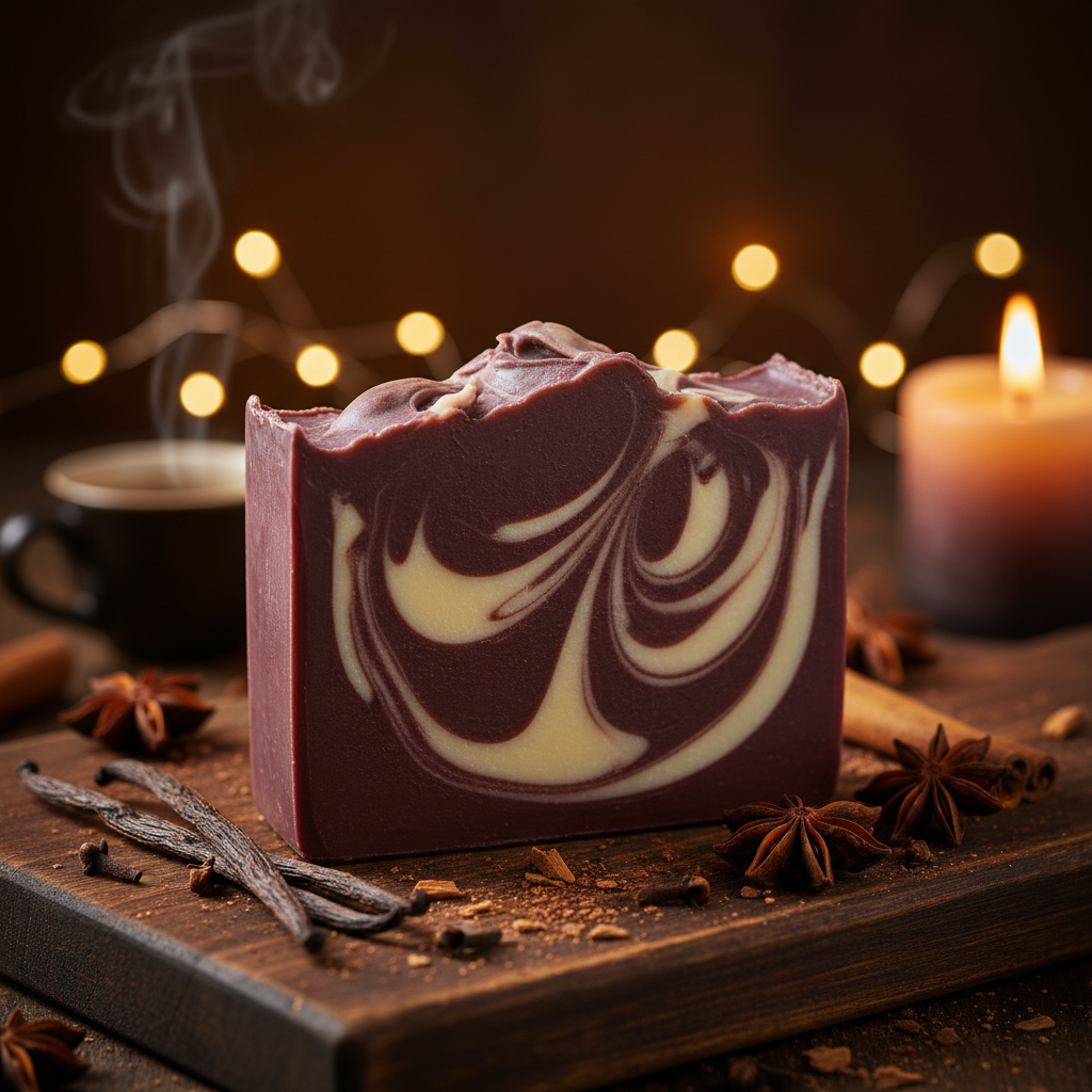 Velvet Soap Christmas Vanilla close-up on dark wood with star anise and vanilla pods